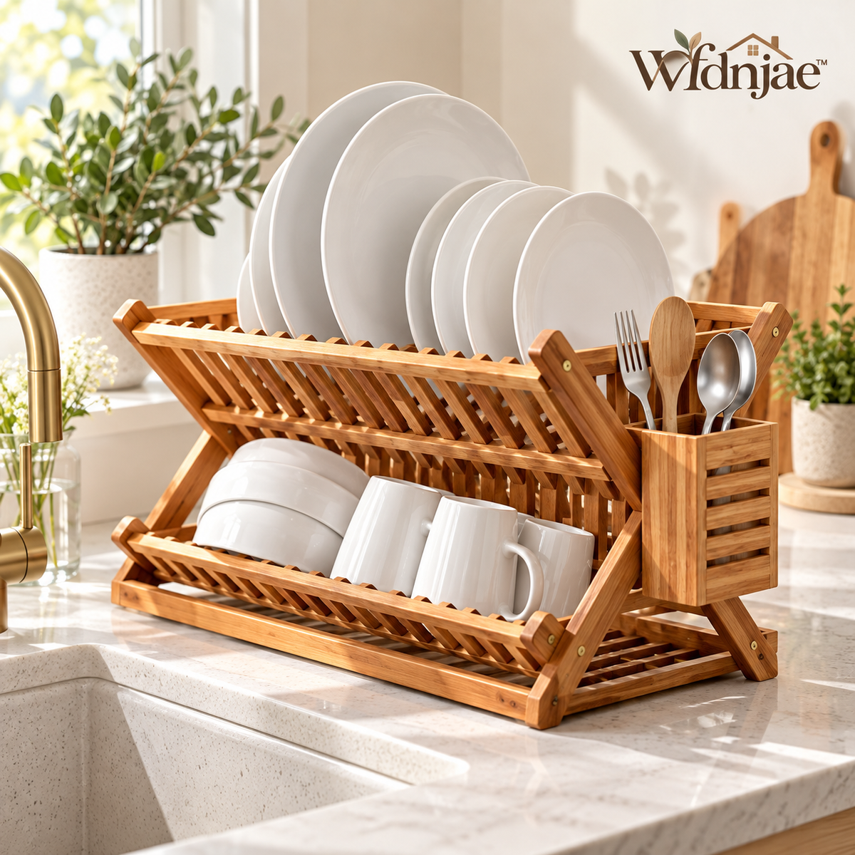Wfdnjae™ Foldaway Acacia Dish Drying Rack with Utensil Caddy