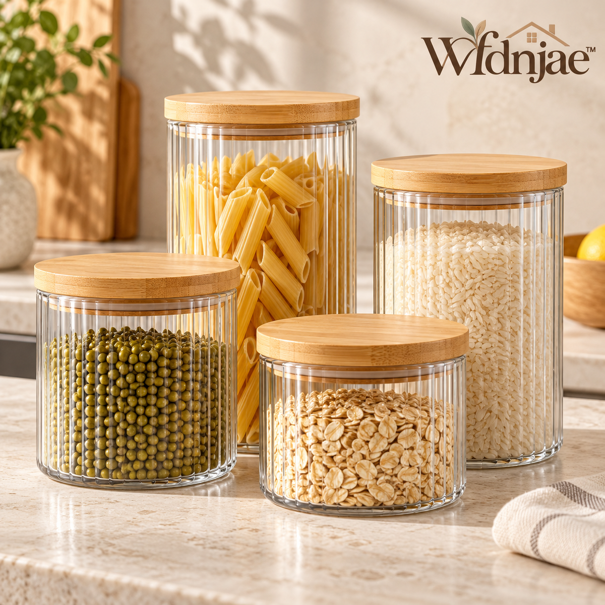 Wfdnjae™ Clear Ribbed Glass Pantry Canisters with Bamboo Lids — Set of 4