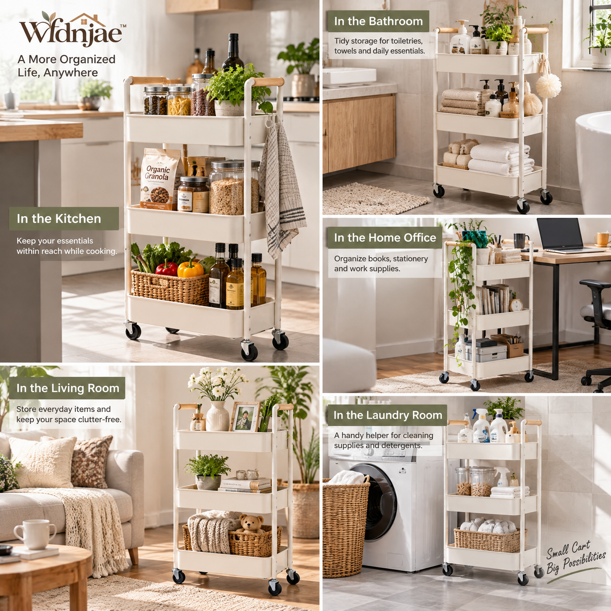 Wfdnjae™ Elin Three-Tier Rolling Utility Cart — detail view 2