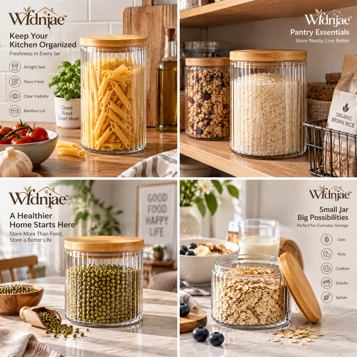Wfdnjae™ Clear Ribbed Glass Pantry Canisters with Bamboo Lids — Set of 4 — detail view 1