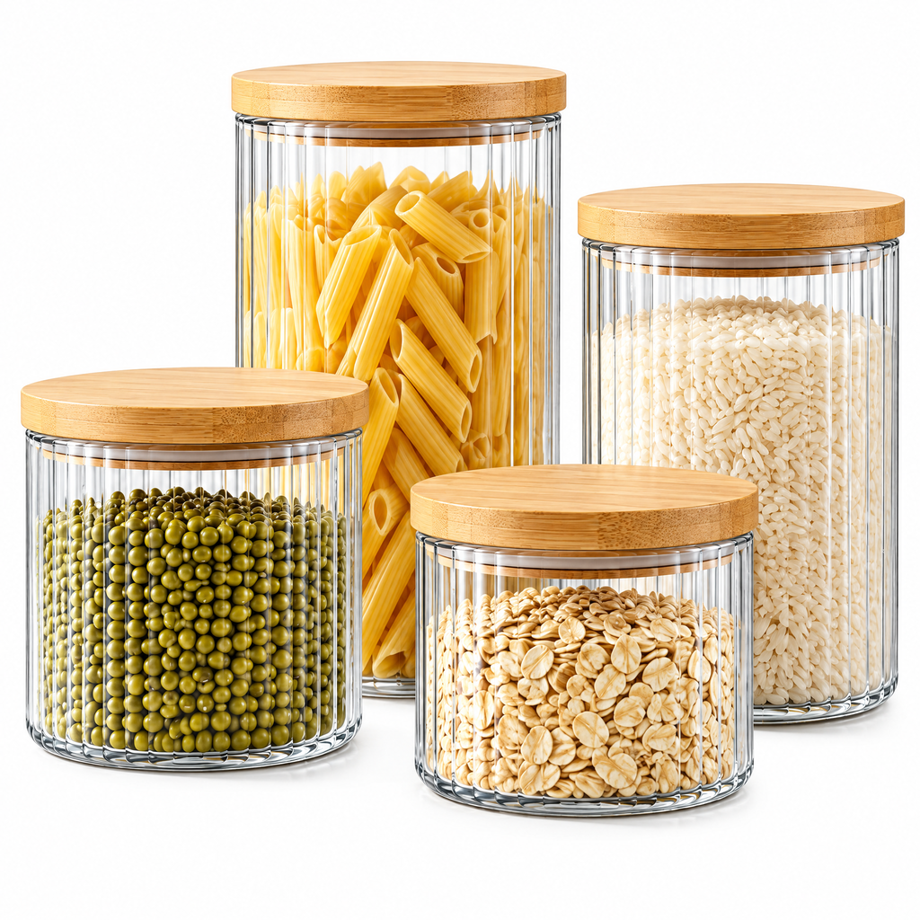 Wfdnjae™ Clear Ribbed Glass Pantry Canisters with Bamboo Lids — Set of 4 — detail view 2
