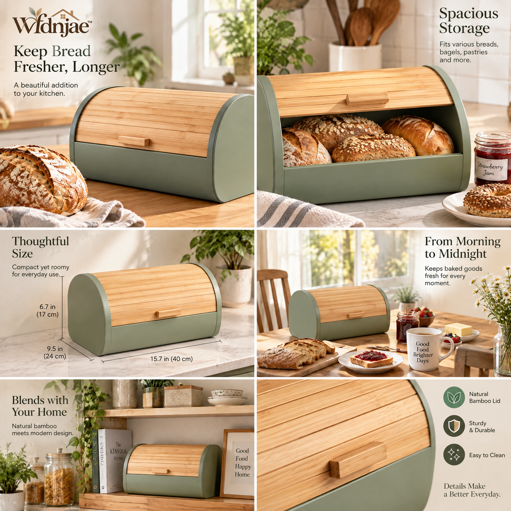 Wfdnjae™ Sage Roll-Top Bread Box with Bamboo Lid