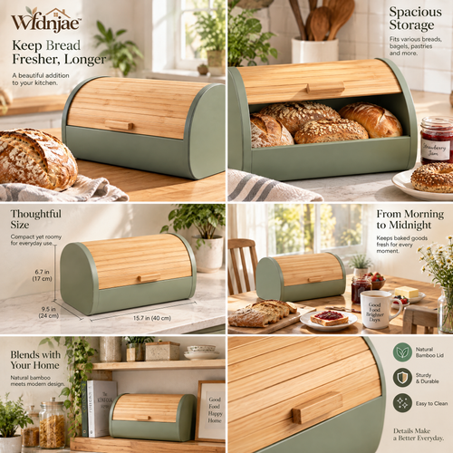 Wfdnjae™ Sage Roll-Top Bread Box with Bamboo Lid